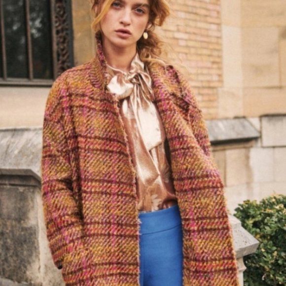 Sézane Plaid Marlone Coat in Brown and Fuschia Wool Sz 34 / US 4 or 6 oversized - Picture 1 of 11